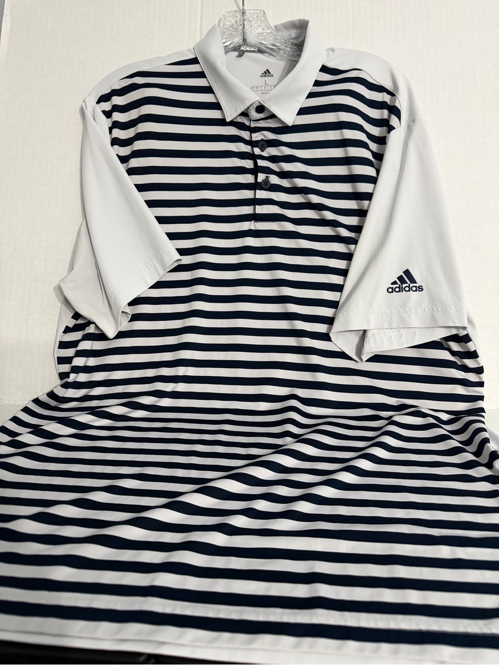 adidas Men’s White & Navy Striped Polo Shirt